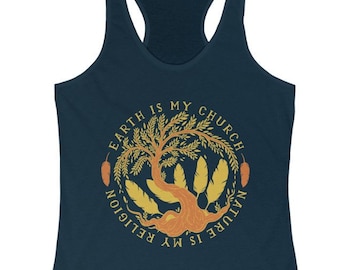 Tree of Life Nature Racerback Tank Top, Spiritual Message, Yoga Tank Top with Saying Earth Is My Church Nature Is My Religion, Hippie Boho