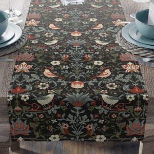Enchanted Forest Vintage Birds Flowers Table Runner, Cottagecore Floral Table Decor, Boho Tablecloth, Forest Plants Nature Aesthetic Decor