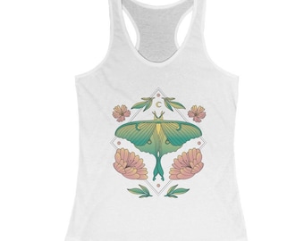 Pastel Luna Moth Tank Top, Mystical Moon Moth Witchy Racerback Tank, Celestial Nature Shirt, Green Moon Moth with Lotus Flowers, Gothic Moth