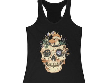 Mushroom Skull Moon Phases Racerback Tank Top: Goth, Green Witch, Goblincore Clothing