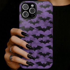 Purple Bat Phone Case - Goth Bat Tough Case, Witchy Dark Aesthetic Halloween iPhone 17, 16, 15, 14/ Samsung S25 S24/ Google Pixel Cover