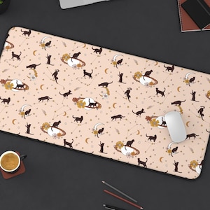 Celestial Black Cat Constellation Desk Mat Gaming, Boho Witch Desk Mat Aesthetic, Large Small Computer Desk Pad, Kawaii Cat Keyboard Mat