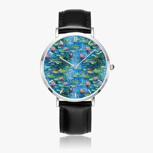 Claude Monet Water Lilies Art Watch, Artistic PU Leather Strap Wristwatch, Impressionist Painting Silver Watch, Monet Jewelry image 2