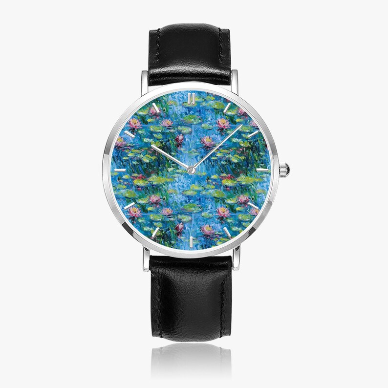 Claude Monet Water Lilies Art Watch, Artistic PU Leather Strap Wristwatch, Impressionist Painting Silver Watch, Monet Jewelry image 2