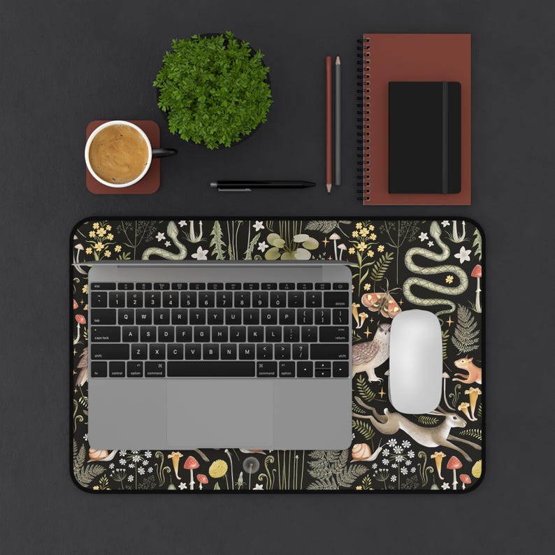 Cottagecore Forest Animals Mushrooms Desk Mat Gaming, Boho Witchy Gothic Aesthetic, Fairy Woodland Large Computer Desk Pad, Keyboard Mat 12" × 18"