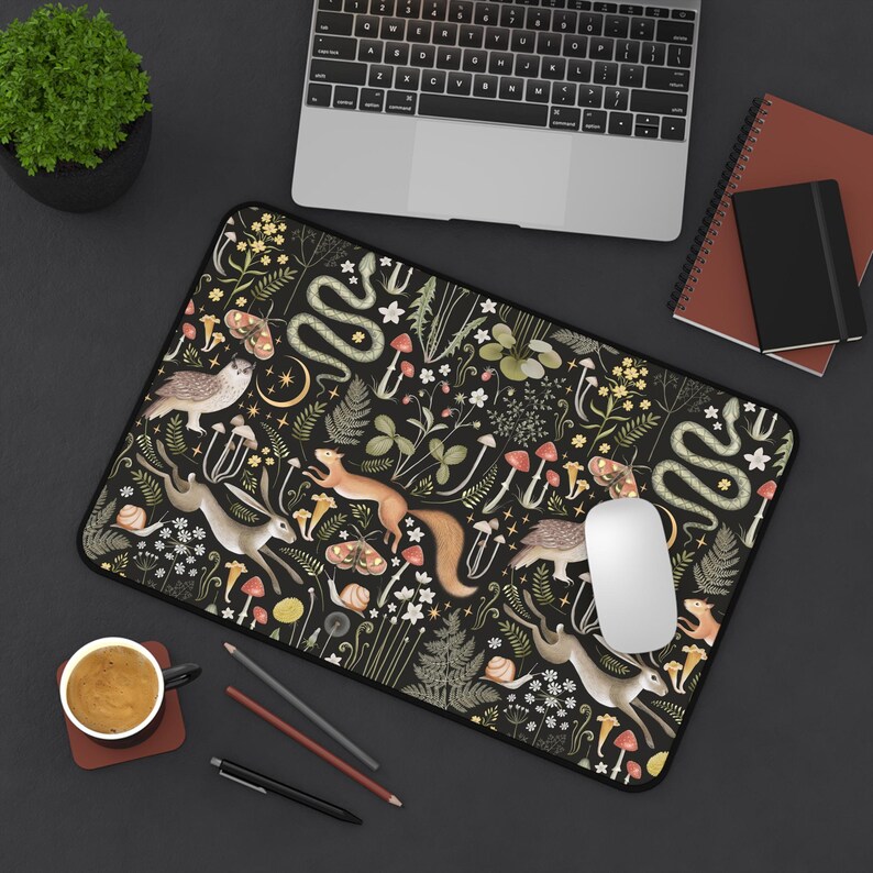 Cottagecore Forest Animals Mushrooms Desk Mat Gaming, Boho Witchy Gothic Aesthetic, Fairy Woodland Large Computer Desk Pad, Keyboard Mat image 4