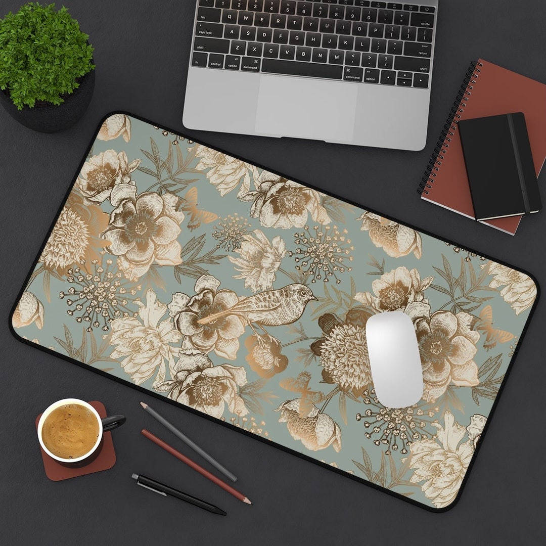 Floral Desk Mat Gaming, Ornate Vintage Peonies Bird Butterflies Desk ...