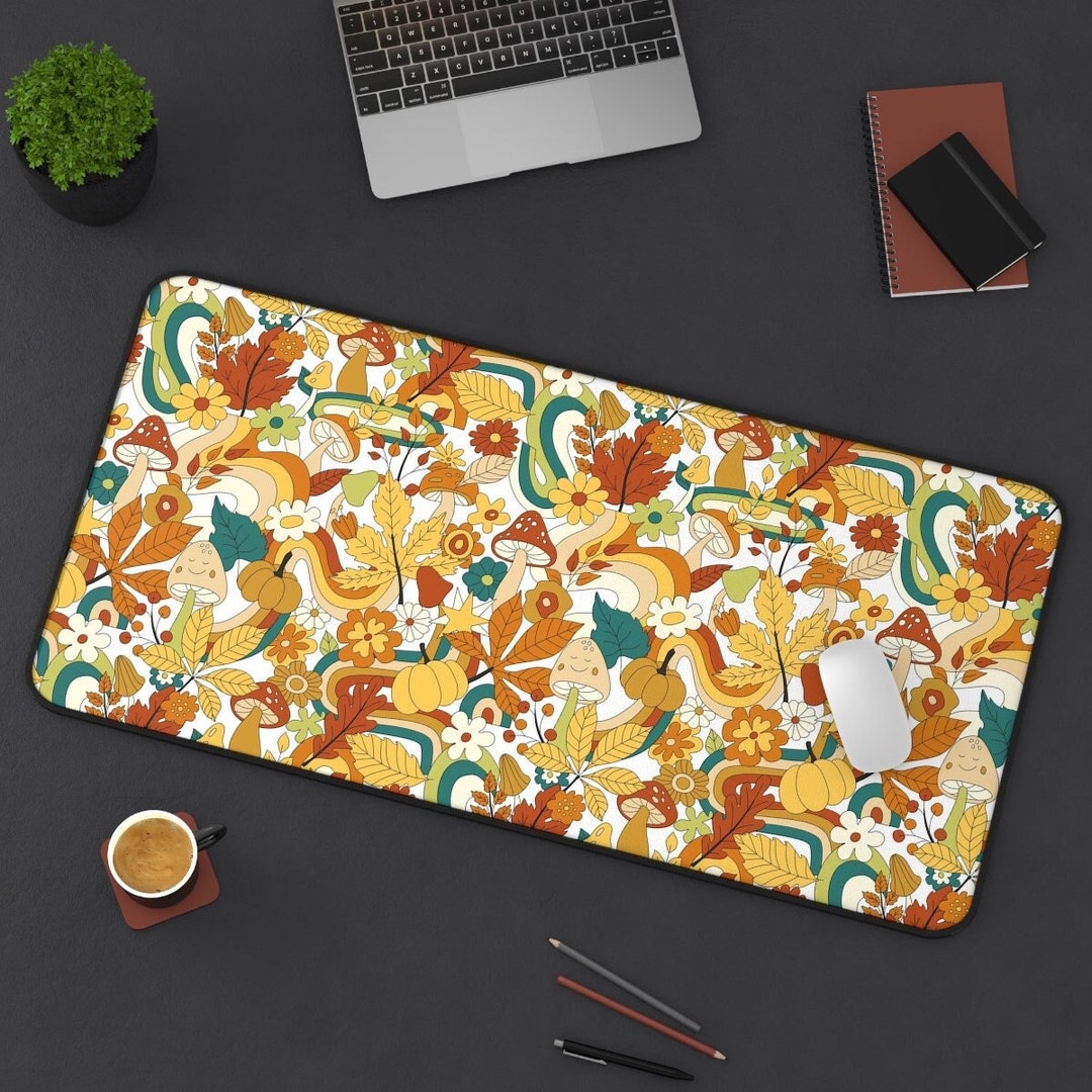 Retro Hippie Floral Mushrooms Desk Mat Gaming, Boho Fall Desk Mat ...
