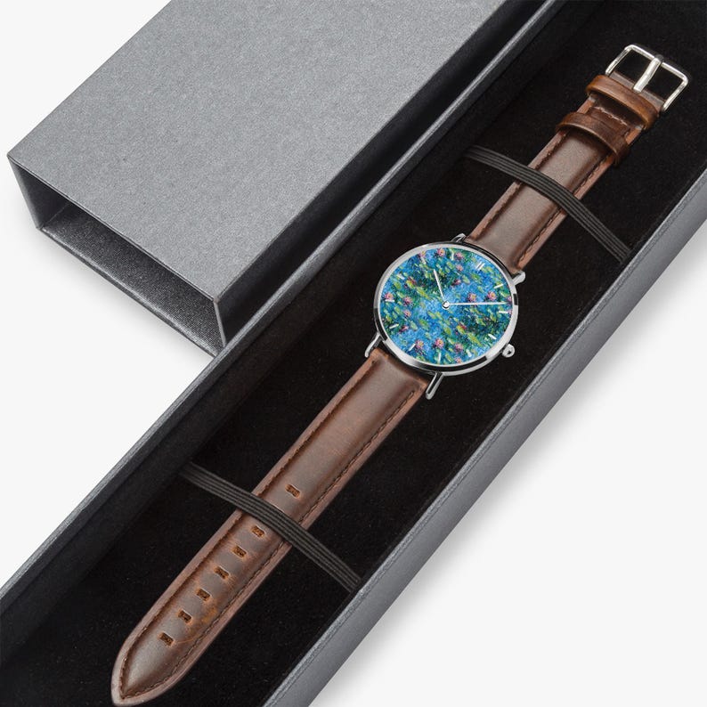 Claude Monet Water Lilies Art Watch, Artistic PU Leather Strap Wristwatch, Impressionist Painting Silver Watch, Monet Jewelry image 9