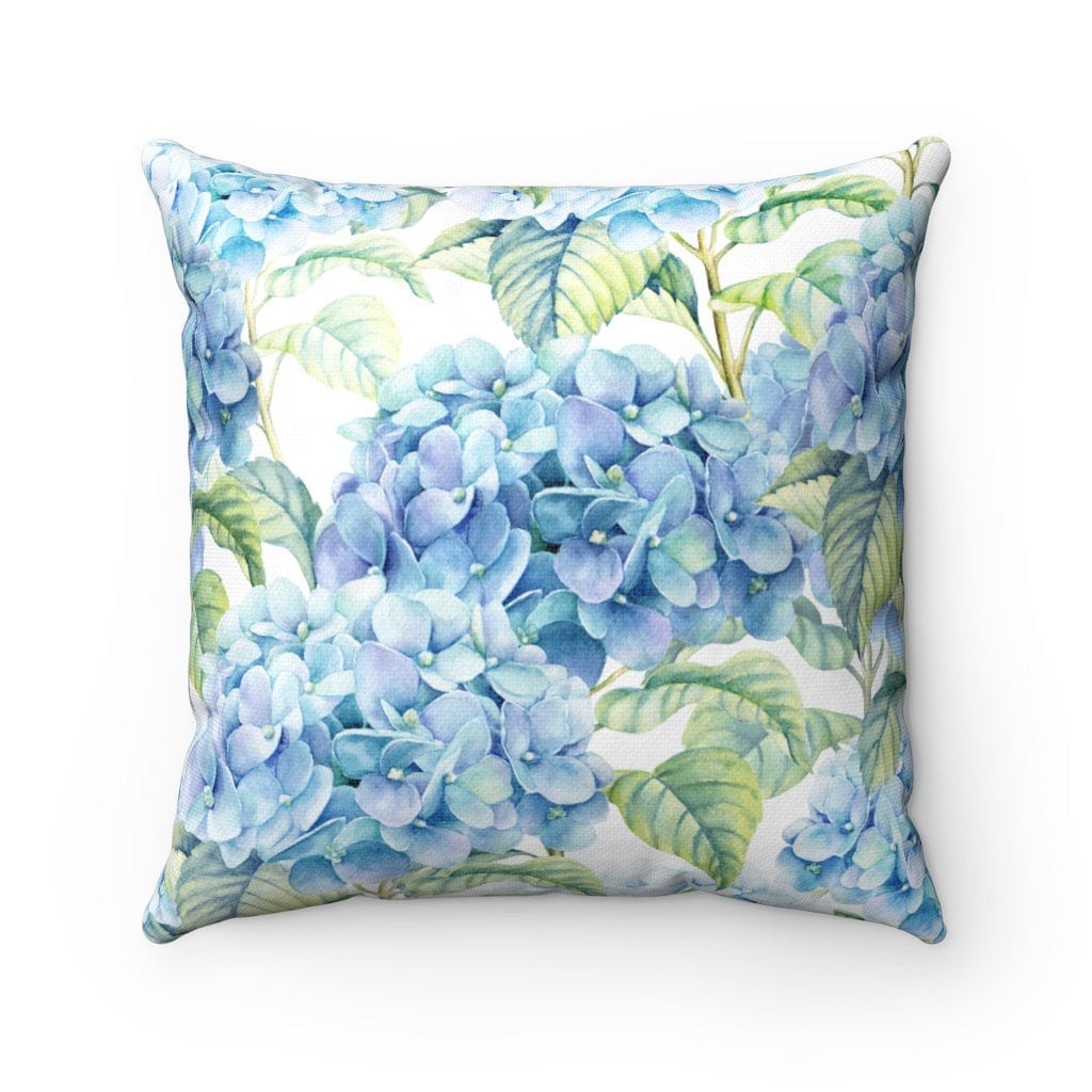Floral Throw Pillow Cover Blue Hydrangea Watercolor Square Etsy