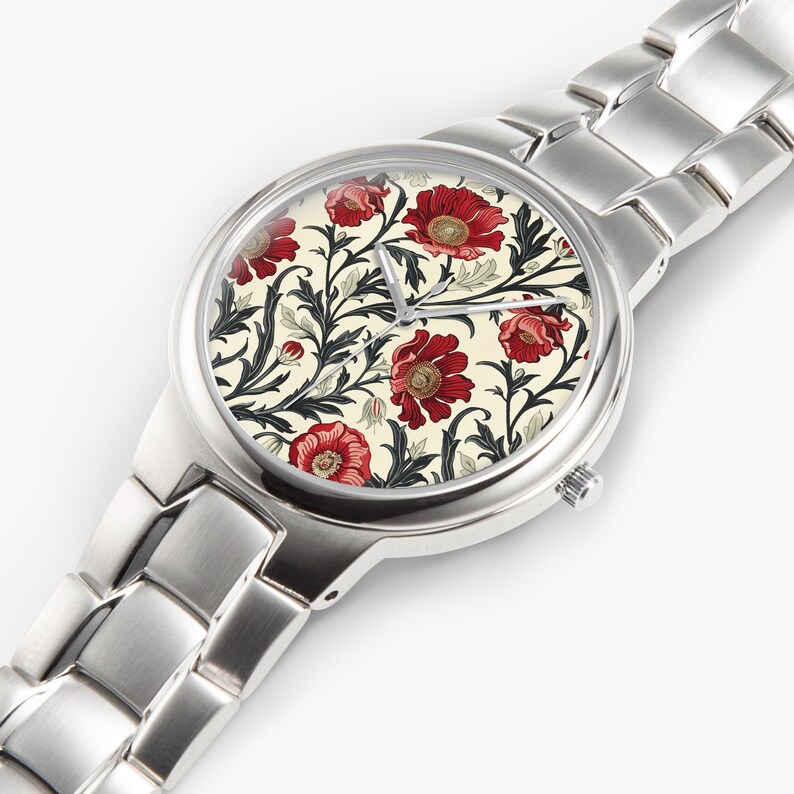 William Morris Inspired Floral Watch – Rose Gold and Silver Stainless Steel, Vintage Art Nouveau Flowers Watch, Elegant Jewelry Gift for Her Silver