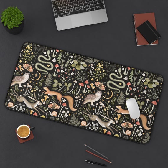 Cottagecore Forest Animals Mushrooms Desk Mat Gaming, Boho Witchy Gothic Aesthetic, Fairy Woodland Large Computer Desk Pad, Keyboard Mat