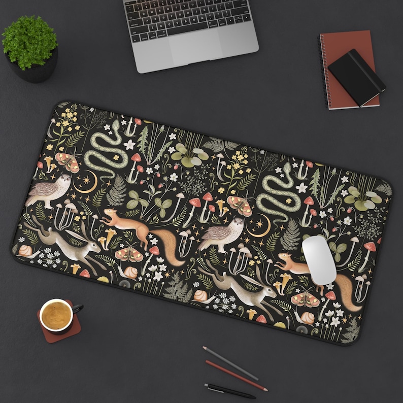 Cottagecore Forest Animals Mushrooms Desk Mat Gaming, Boho Witchy Gothic Aesthetic, Fairy Woodland Large Computer Desk Pad, Keyboard Mat image 1
