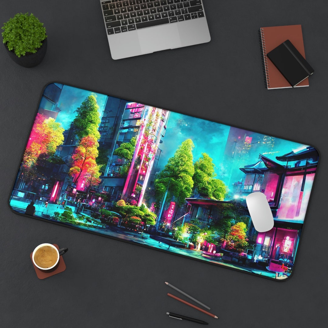Japanese Neon Night City Desk Mat Gaming, Kawaii Japanese Landscape