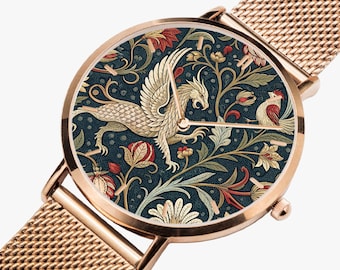 Medieval Art Dragon Griffin Wristwatch, Rose Gold/ Black/ Silver Stainless Steel Mesh Watch, Floral Dial, Mythical Creature Dragon Jewelry