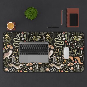 Cottagecore Forest Animals Mushrooms Desk Mat Gaming, Boho Witchy Gothic Aesthetic, Fairy Woodland Large Computer Desk Pad, Keyboard Mat 16" × 32"
