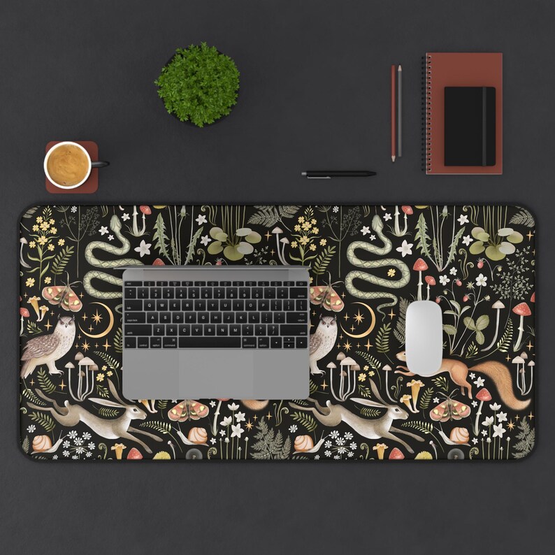 Cottagecore Forest Animals Mushrooms Desk Mat Gaming, Boho Witchy Gothic Aesthetic, Fairy Woodland Large Computer Desk Pad, Keyboard Mat 16" × 32"