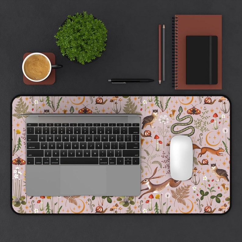 Cottagecore Magic Forest Animals Mushrooms Desk Mat Gaming, Boho Desk Mat Aesthetic, Fairy Woodland Computer Desk Pad, Witch Keyboard Mat 12" × 22"