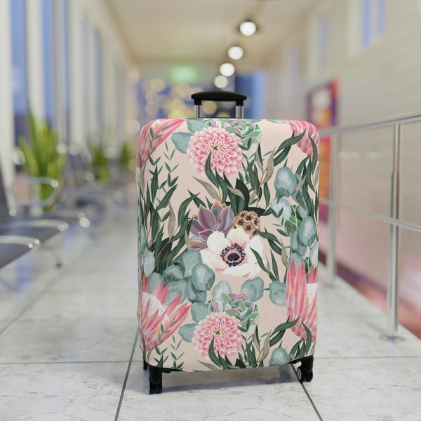 Protea Flowers Pattern Luggage Cover, Floral Luggage Identifier, Succulent Eucalyptus Greenery Suitcase Protector, Unique Art Baggage Wrap