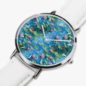 Claude Monet Water Lilies Art Watch, Artistic PU Leather Strap Wristwatch, Impressionist Painting Silver Watch, Monet Jewelry White