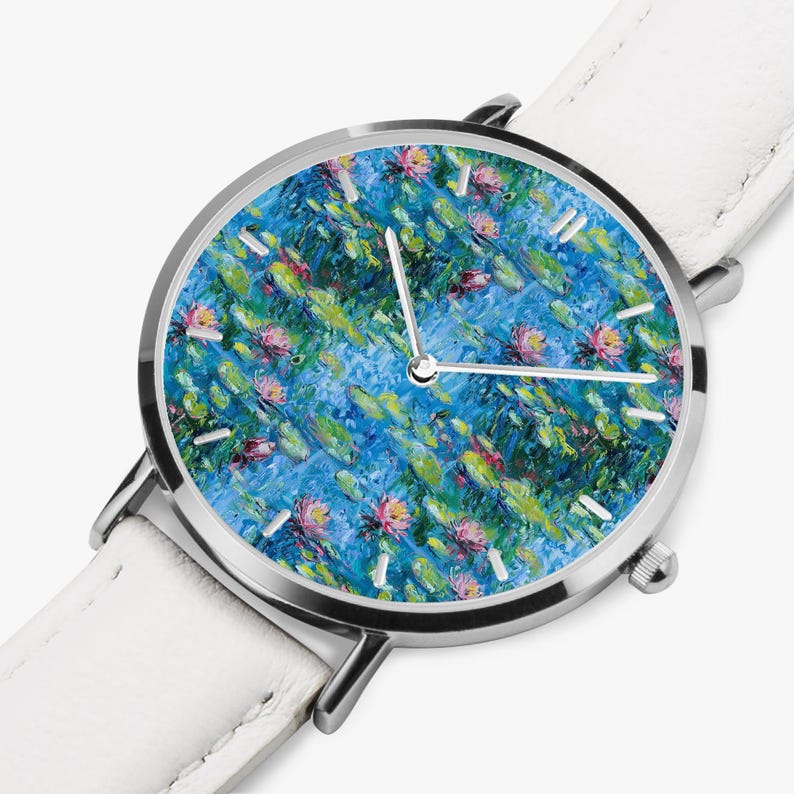Claude Monet Water Lilies Art Watch, Artistic PU Leather Strap Wristwatch, Impressionist Painting Silver Watch, Monet Jewelry White
