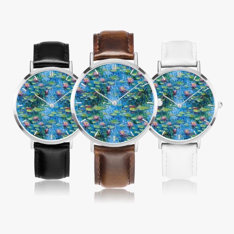 Claude Monet Water Lilies Art Watch, Artistic PU Leather Strap Wristwatch, Impressionist Painting Silver Watch, Monet Jewelry image 1