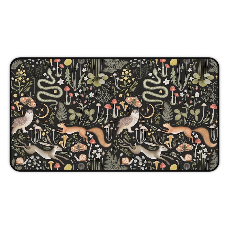Cottagecore Forest Animals Mushrooms Desk Mat Gaming, Boho Witchy Gothic Aesthetic, Fairy Woodland Large Computer Desk Pad, Keyboard Mat image 2