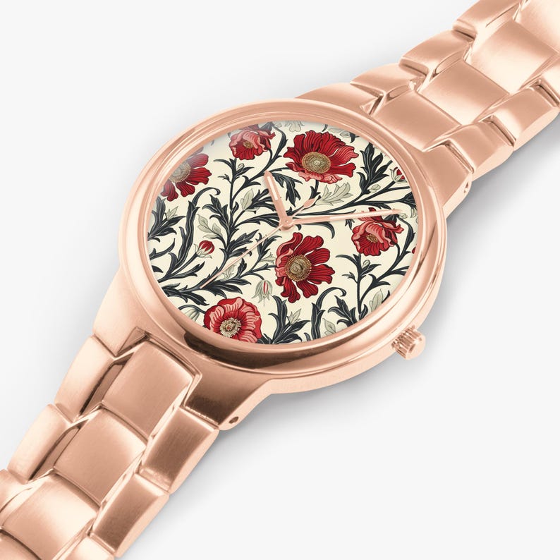 William Morris Inspired Floral Watch – Rose Gold and Silver Stainless Steel, Vintage Art Nouveau Flowers Watch, Elegant Jewelry Gift for Her Rose Gold