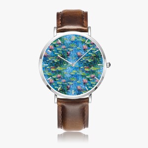 Claude Monet Water Lilies Art Watch, Artistic PU Leather Strap Wristwatch, Impressionist Painting Silver Watch, Monet Jewelry image 6