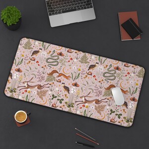 Cottagecore Magic Forest Animals Mushrooms Desk Mat Gaming, Boho Desk Mat Aesthetic, Fairy Woodland Computer Desk Pad, Witch Keyboard Mat image 2