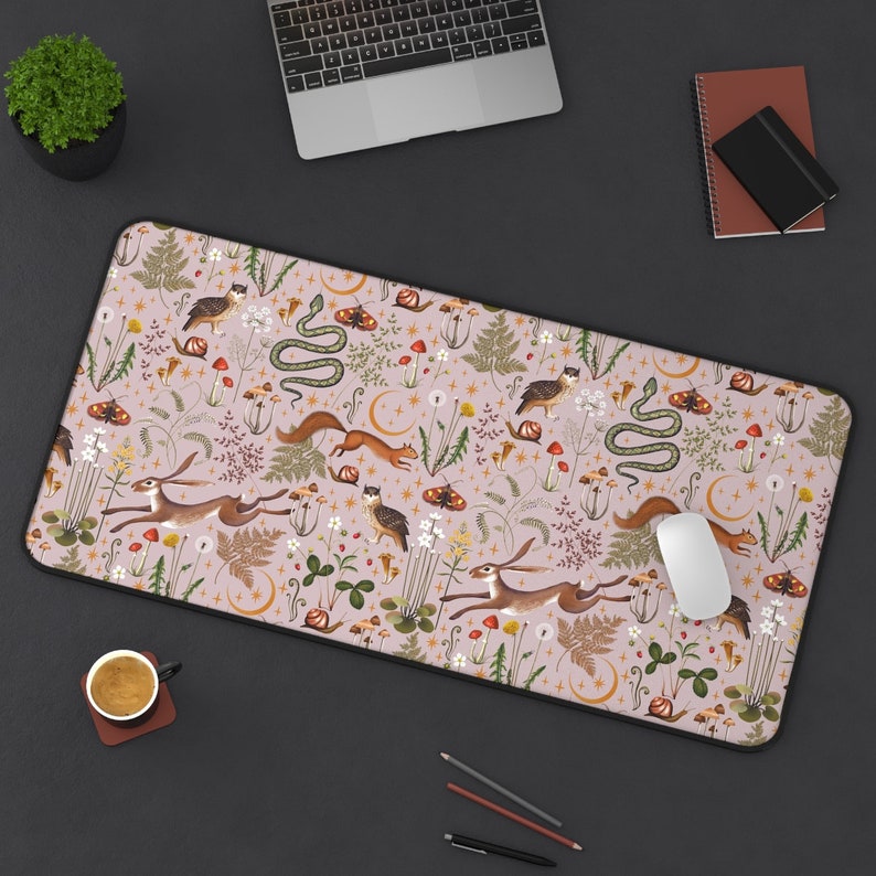 Cottagecore Magic Forest Animals Mushrooms Desk Mat Gaming, Boho Desk Mat Aesthetic, Fairy Woodland Computer Desk Pad, Witch Keyboard Mat image 2