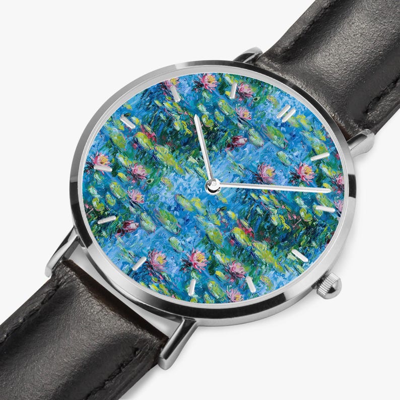 Claude Monet Water Lilies Art Watch, Artistic PU Leather Strap Wristwatch, Impressionist Painting Silver Watch, Monet Jewelry Black