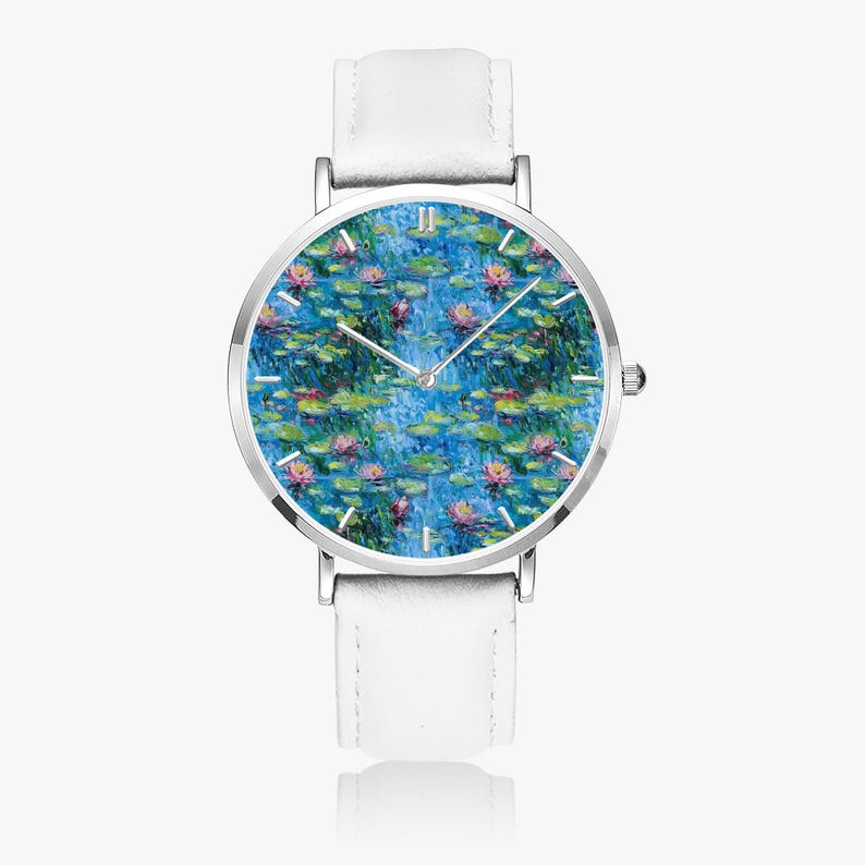 Claude Monet Water Lilies Art Watch, Artistic PU Leather Strap Wristwatch, Impressionist Painting Silver Watch, Monet Jewelry image 4