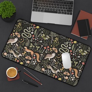 Cottagecore Forest Animals Mushrooms Desk Mat Gaming, Boho Witchy Gothic Aesthetic, Fairy Woodland Large Computer Desk Pad, Keyboard Mat image 3