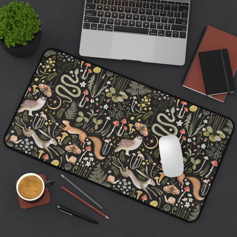 Cottagecore Forest Animals Mushrooms Desk Mat Gaming, Boho Witchy Gothic Aesthetic, Fairy Woodland Large Computer Desk Pad, Keyboard Mat image 3