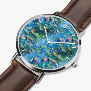Claude Monet Water Lilies Art Watch, Artistic PU Leather Strap Wristwatch, Impressionist Painting Silver Watch, Monet Jewelry Brown