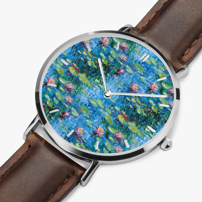 Claude Monet Water Lilies Art Watch, Artistic PU Leather Strap Wristwatch, Impressionist Painting Silver Watch, Monet Jewelry Brown