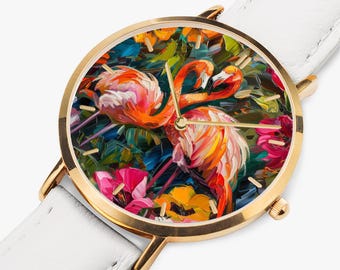 Rose Gold Flamingo Art Watch – Vibrant Oil Painting Flamingos on Dial, PU Leather Strap Wristwatch, Tropical Bird Jewelry