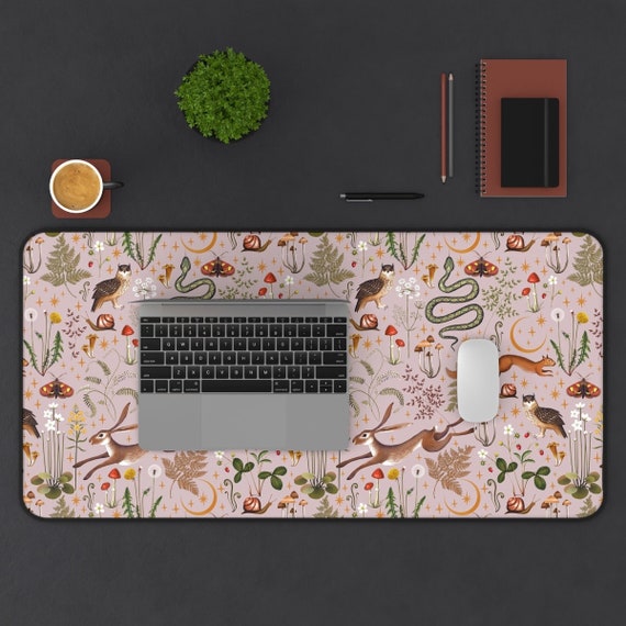 Cottagecore Magic Forest Animals Mushrooms Desk Mat Gaming, Boho Desk Mat Aesthetic, Fairy Woodland Computer Desk Pad, Witch Keyboard Mat