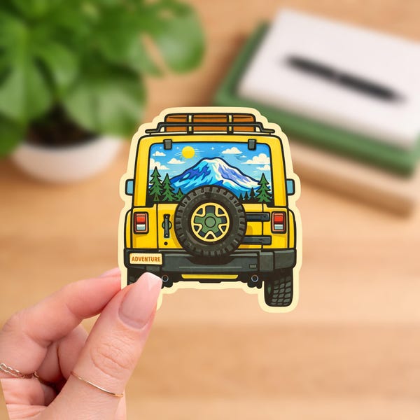 Gelber jeep Adventure Aufkleber | PNW Berg 4x4 Vinyl Aufkleber für Auto, Laptop & Wasserflasche | Outdoor Geschenk