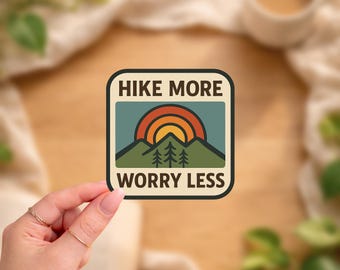 Hike More Worry Less Sticker | Vintage Hiking Vinyl Decal for Water Bottle & Laptop | Outdoorsy Nature Lover Gift
