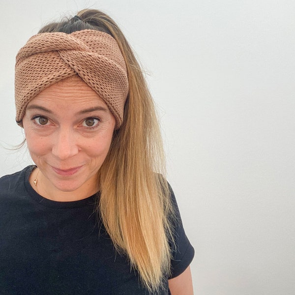 Stirnband Merinowolle Damen gestrickt Damenstirnband Wolle Turban handmade Geschenk für sie hellbraun beige