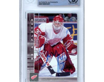 Chris Osgood Signed 2001-02 Be A Player Memorabilia #37 Detroit Red Wings Hockey Card Beckett BAS Slabbed Autographed Goalie Gift