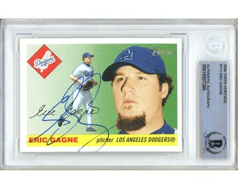 Eric Gagne Signed 2004 Topps Heritage #111 Los Angeles Dodgers Baseball Card Beckett BAS Slabbed Autographed Sports Card Gift
