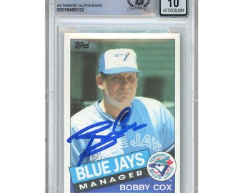 Bobby Cox Signed 1985 Topps #411 Toronto Blue Jays Baseball Card Beckett BGS Slabbed Autographed Auto 10 Braves Gift