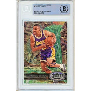 Derek Fisher Autographed 1997-98 Skybox Metal Universe Basketball Card #3 - Los Angeles Lakers NBA Champion - Beckett Authentic