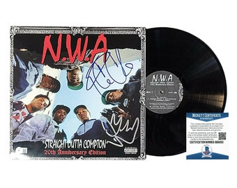 Ice Cube DJ Yella Signed NWA Straight Outta Compton 20th Anniversary Rap Vinyl Record Album Beckett Certified Authentic Autograph BAS Cert