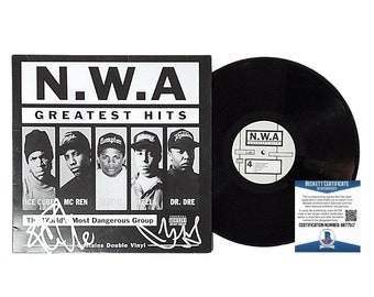 Ice Cube DJ Yella Signed N.W.A. Greatest Hits Vinyl Record Album Sleeve Beckett Certified Authentic Autographed BAS Cert COA Rap