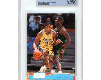 Derek Fisher Signed 1997-98 Topps Stadium Club #185 Los Angeles Lakers Basketball Card Beckett BAS Slabbed Autographed NBA Gift