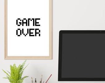 Game Over Print, Pixel Font, Gamer Wall Art, Teen Room Decor